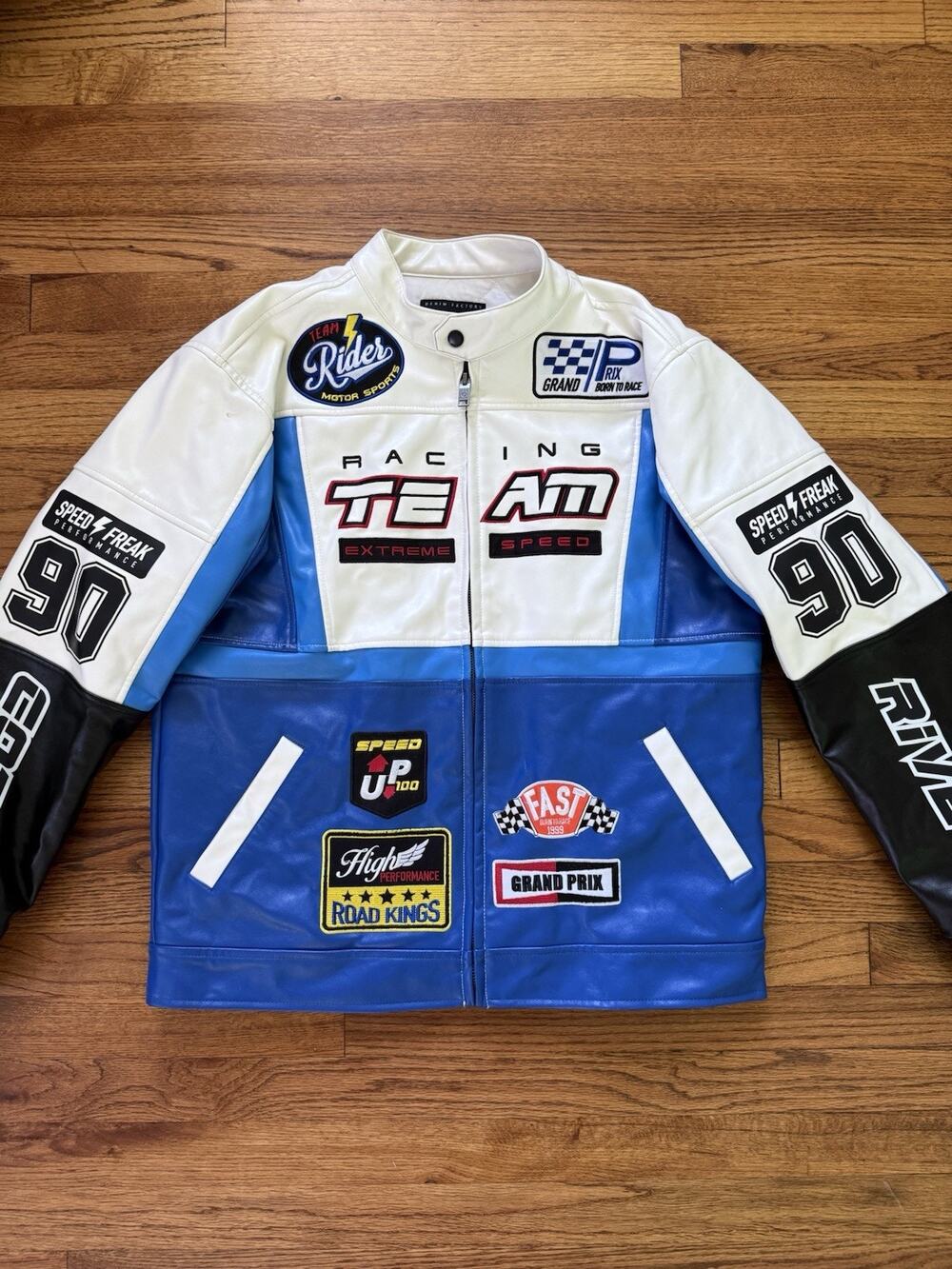 Copper Rivet Faux Leather Racing Jacket Blue White (Size L)